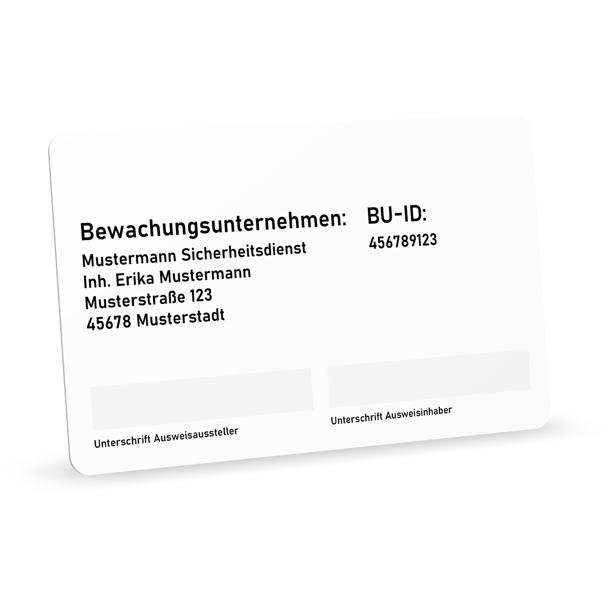 Schrägansicht der Rückseite einer weissen Ausweiskarte auf weissem Hintergrund mit Musterangaben zum Bewachungsunternehmen, BU-ID und zwei Unterschriftsfeldern.