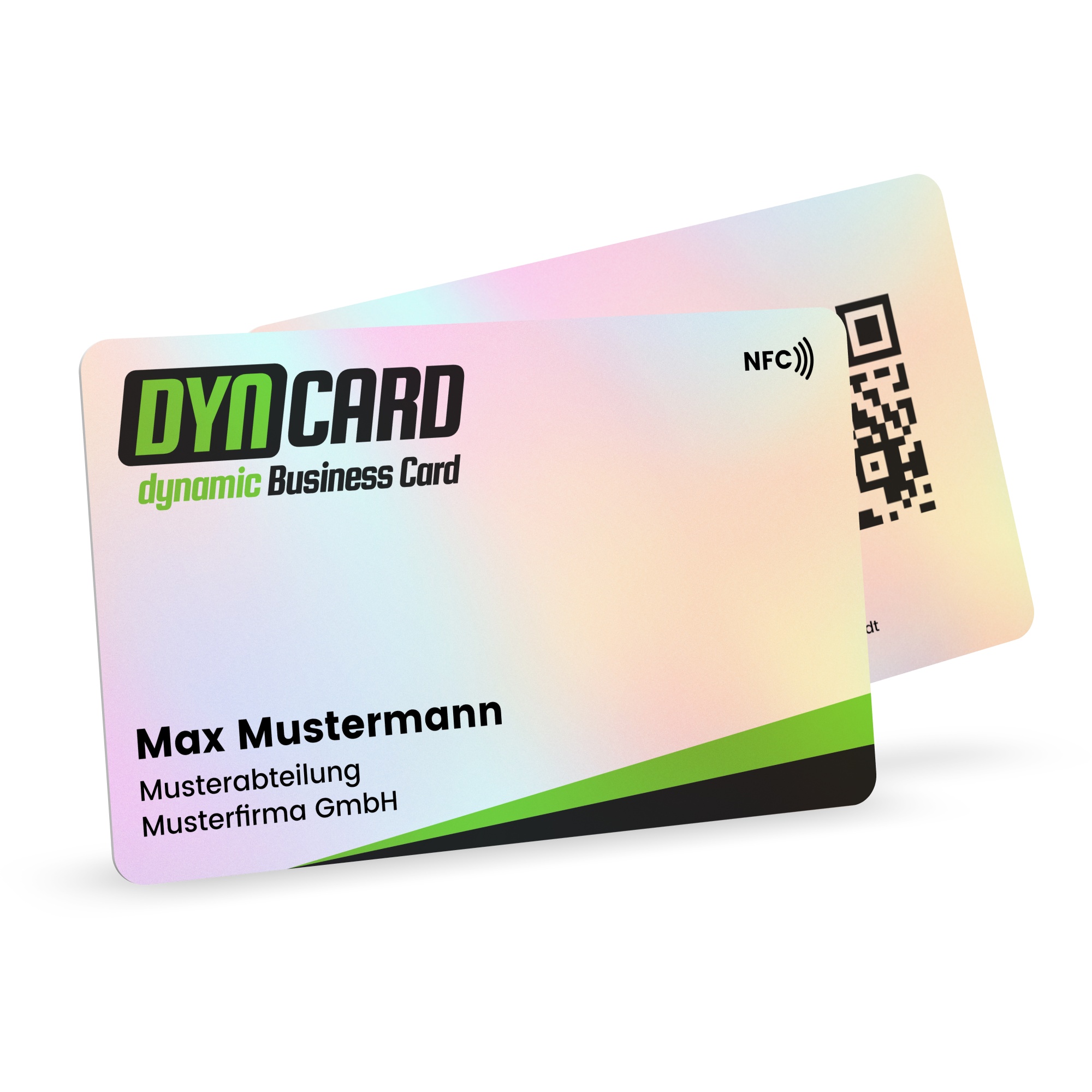 Front and back view of the digital DYNCARD NFC business card featuring a holographic shimmer effect against a white background. The front card displays a logo, NFC symbol, and sample contact information, while the card behind it shows a QR code.