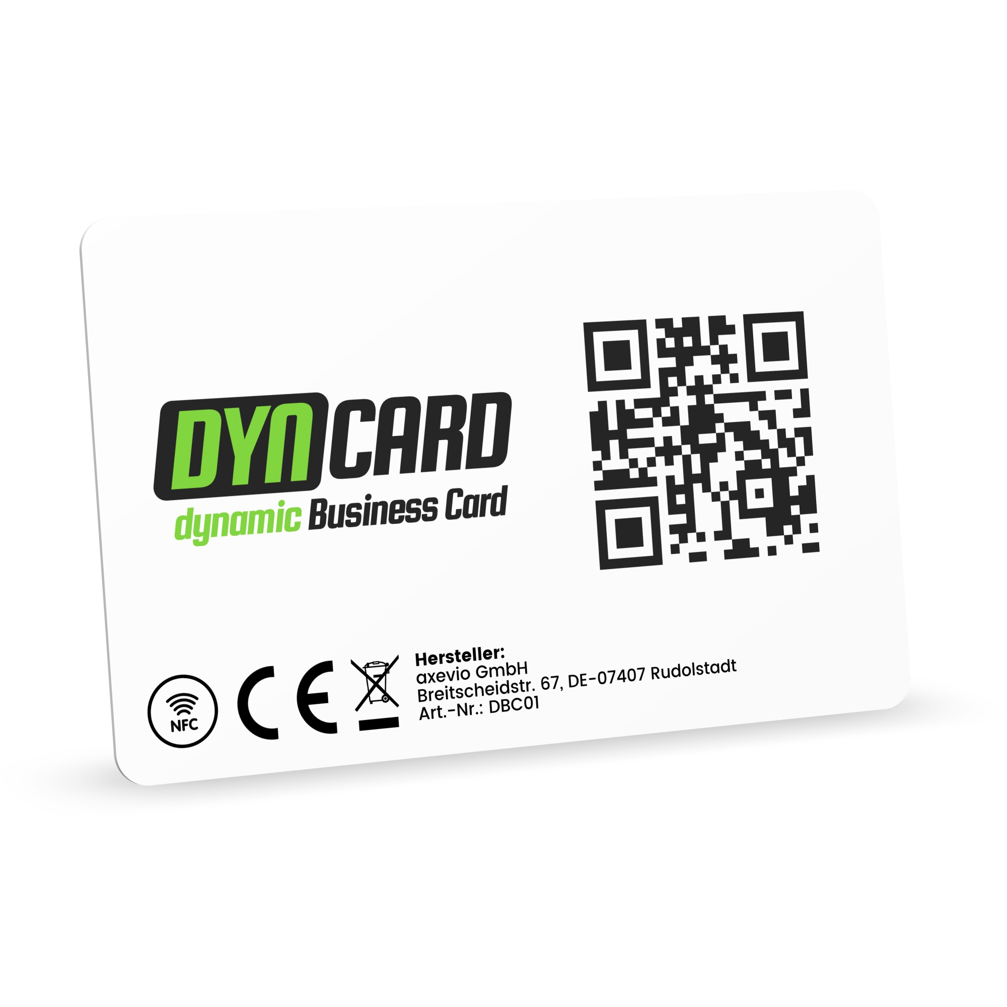 Rückseite der weissen DYNCARD SmartCard mit aufgedrucktem DYNCARD-Logo, QR-Code, NFC-Symbol und Herstellerangaben auf weissem Hintergrund.