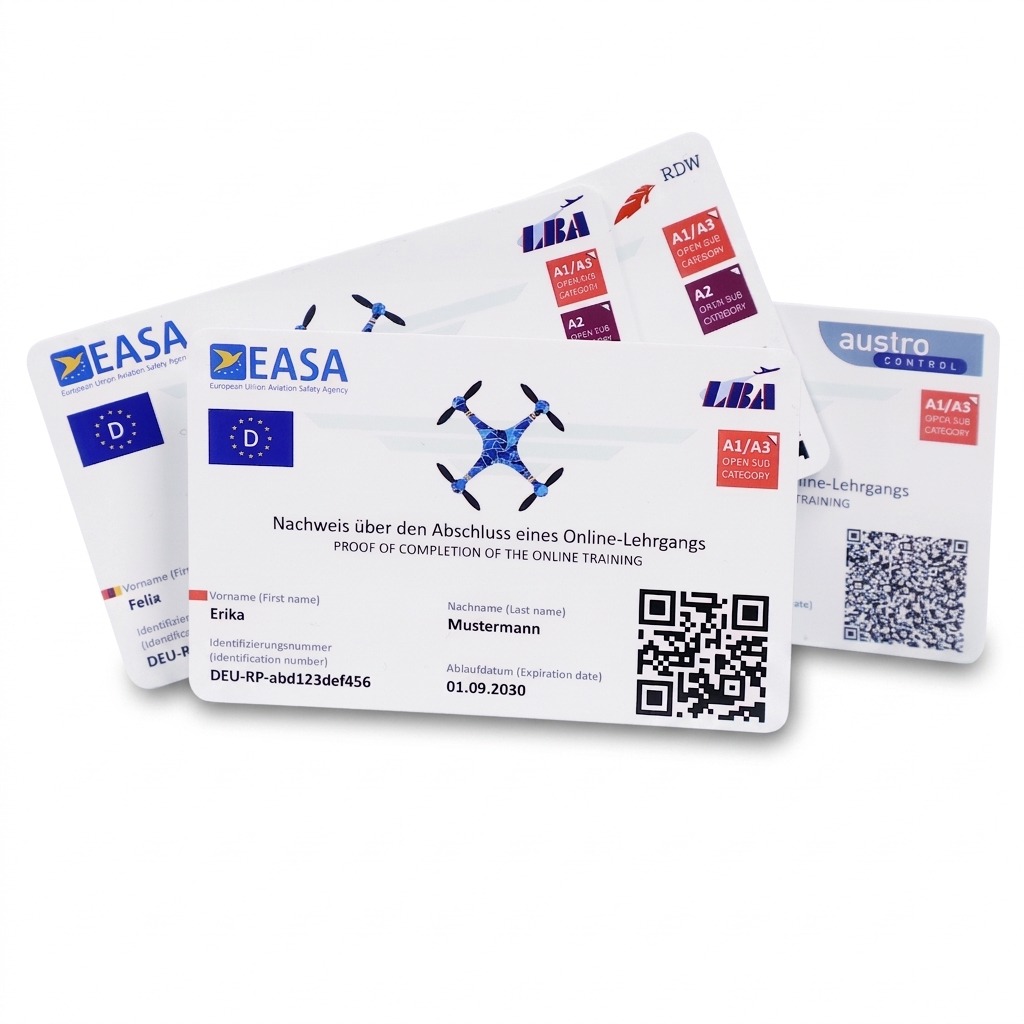 Several white EU drone licence plastic cards in credit card format are fanned out on a light surface. In the foreground is a card with EASA and LBA logos, drone graphic, sample data and a QR code, set in front of other cards from Austro Control and RDW.