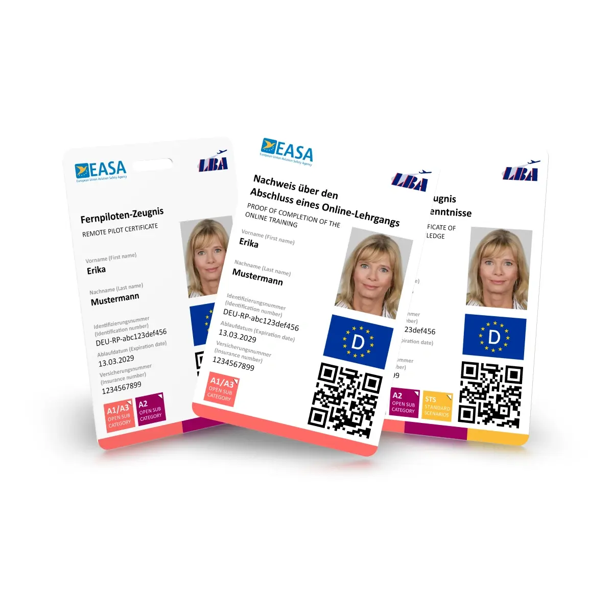 EU Drohnenführerschein (A1/A3, A2, STS) als Plastikkarte (hochkant) mit Passbild Weiß
