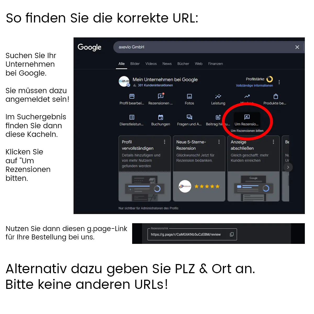Eine bebilderte Schritt-für-Schritt-Anleitung mit Bildschirmfotos aus dem Google-Unternehmensprofil zur Ermittlung des passenden Bewertungslinks für die Personalisierung.