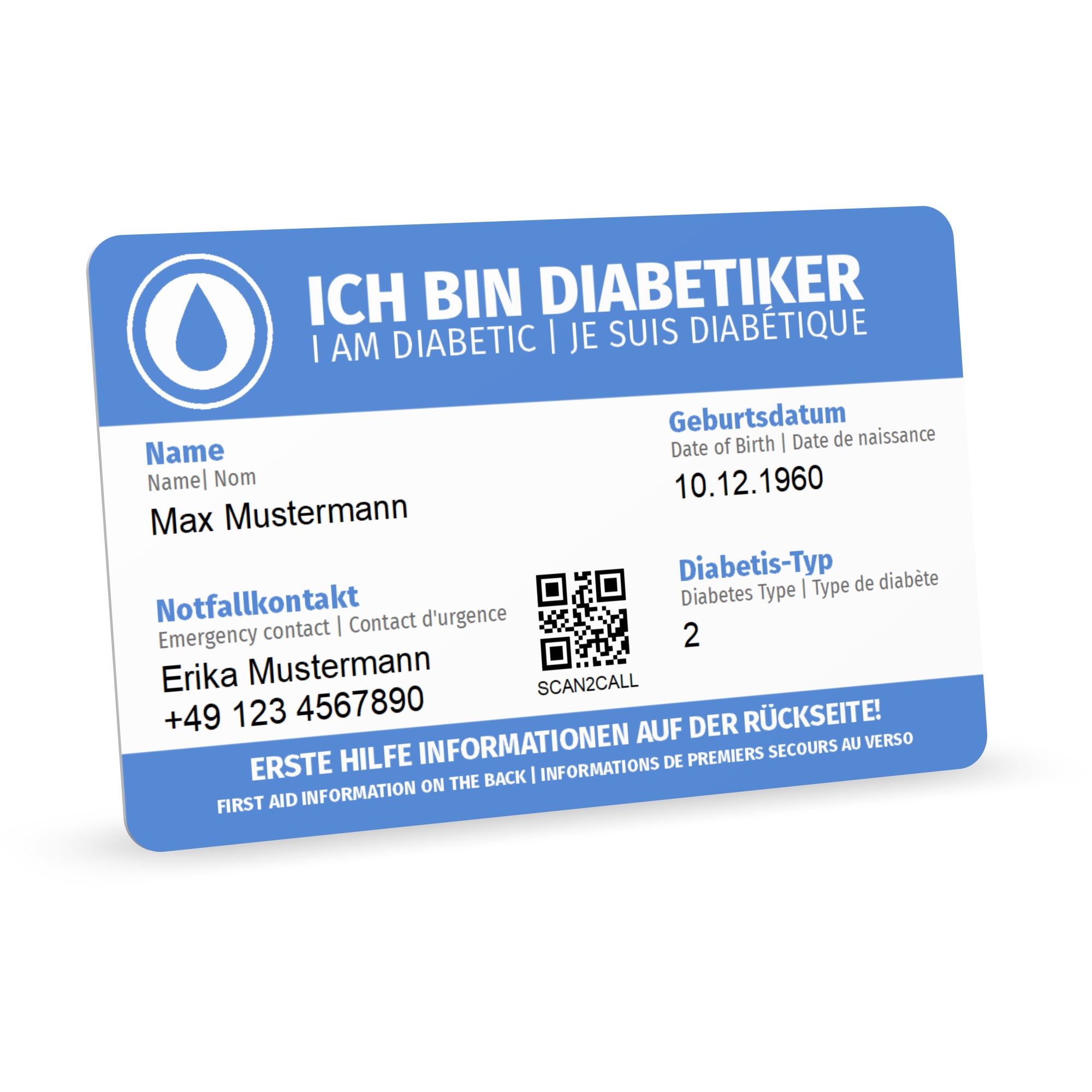 Diabetiker Karte „Ich habe Diabetes“ personalisierter Druck mit Ersthelferhinweisen (recycelte Plastikkarte)