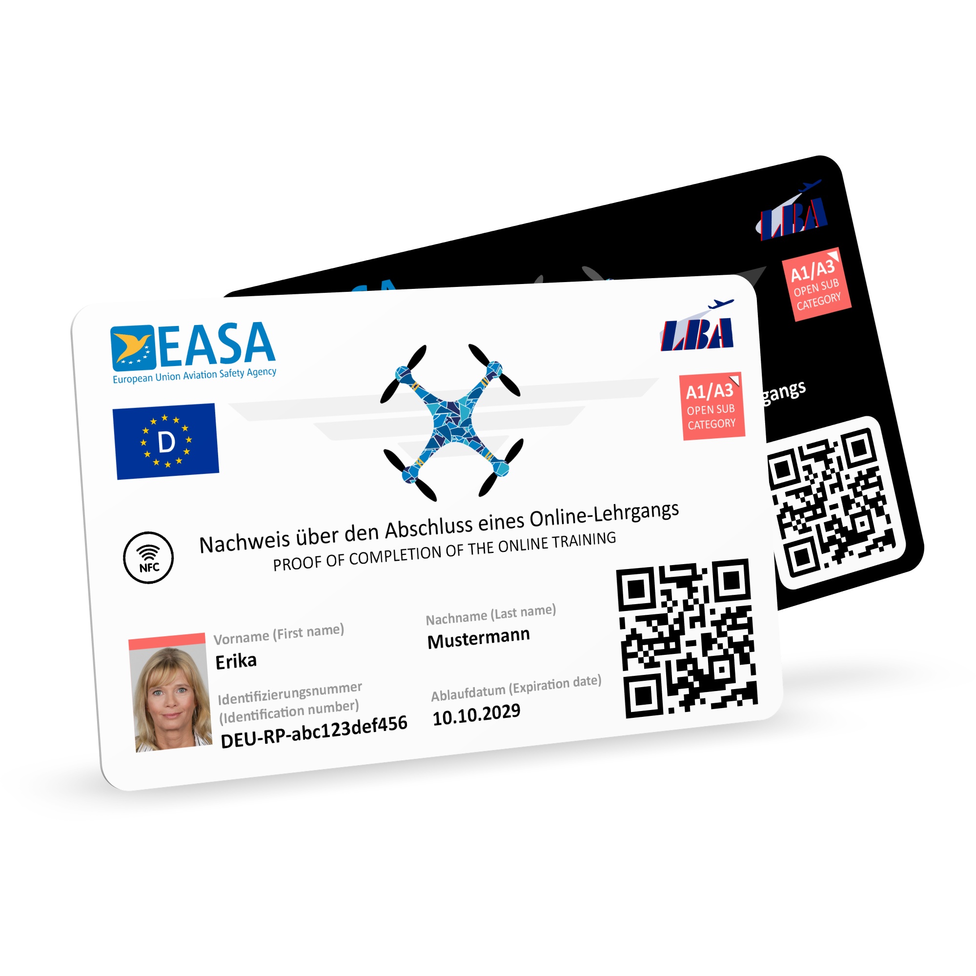 EU-Drohnenführerschein mit Bild mit NFC-Funktion als Plastikkarte (A1/A3, A2, STS) Weiß