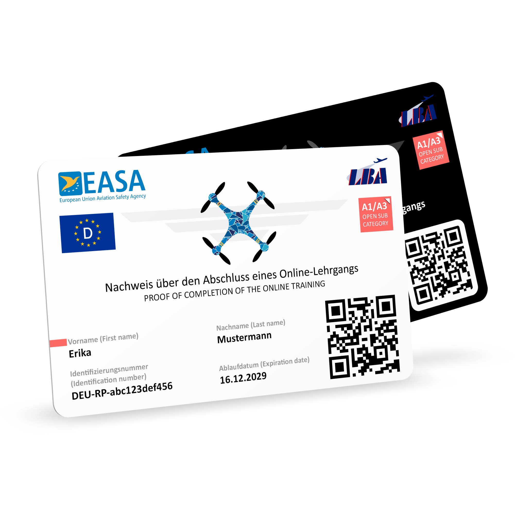 278 Die Abbildung zeigt zwei virtuelle Plastikkarten, die auf der Vorderseite mit dem EASA-Zertifikat des LBA (Deutschland) für die Stufe A1/A3 bedruckt sind. Die vordere Karte ist – analog zum ursprünglichen PDF-Zertifikat – in klassischem Weiß gehalten…