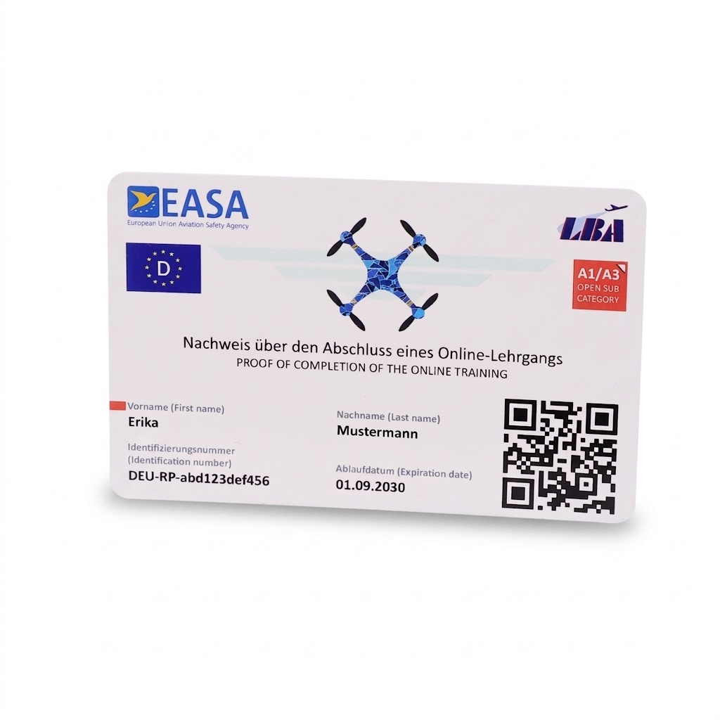 A white credit-card-sized plastic card for an EU drone pilot license, displaying sample details, EASA and LBA logos, a drone graphic, and a large QR code on a white background.