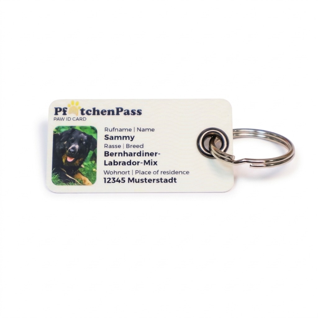 Weisser Mini-Ausweisanhänger mit befestigtem Metallschlüsselring vor weissem Hintergrund. Die Vorderseite zeigt den Aufdruck PfötchenPass, ein Hundefoto sowie Angaben zu Rufname, Rasse und Wohnort.