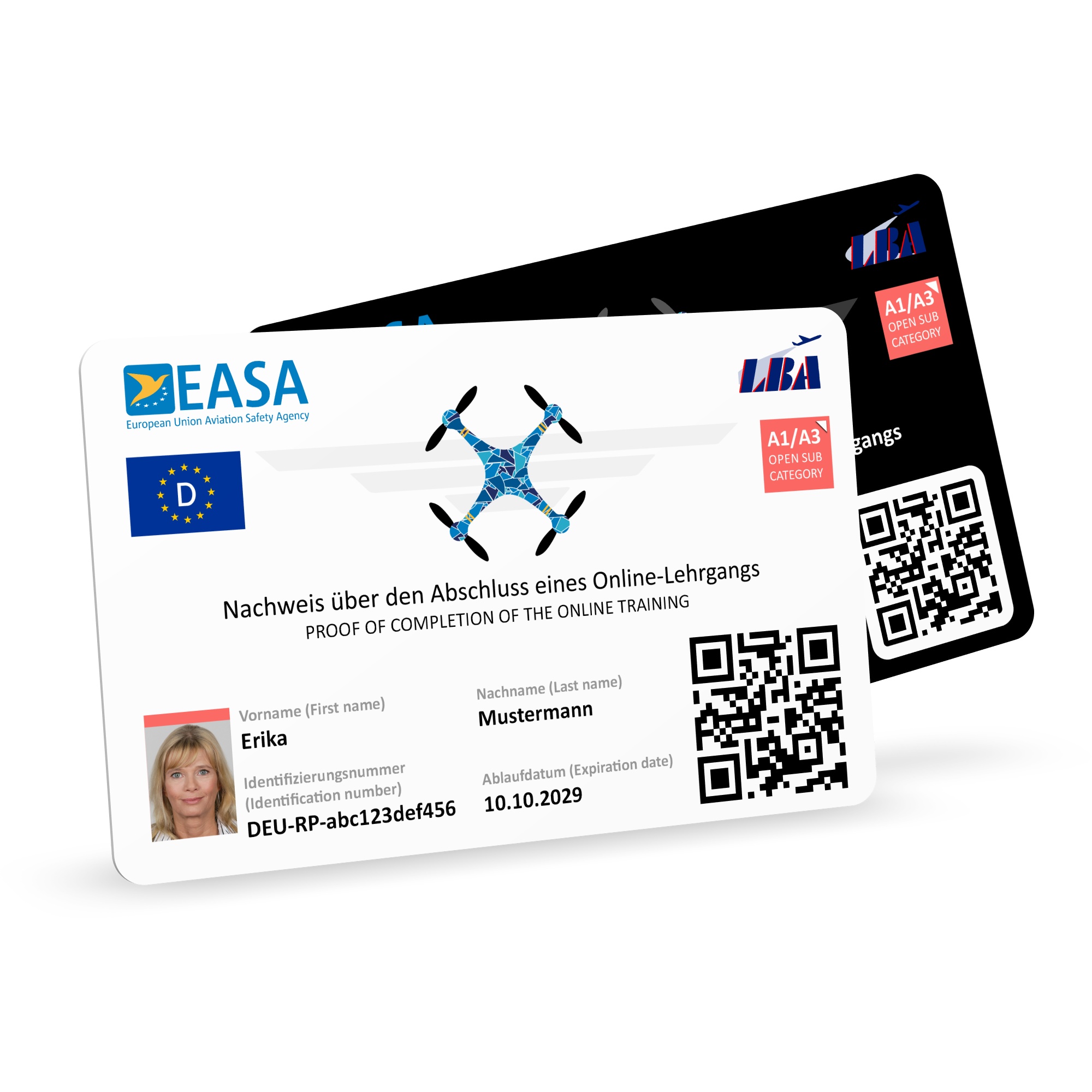 EU-Drohnenführerschein mit Bild als Plastikkarte (A1/A3, A2, STS) - Weiß