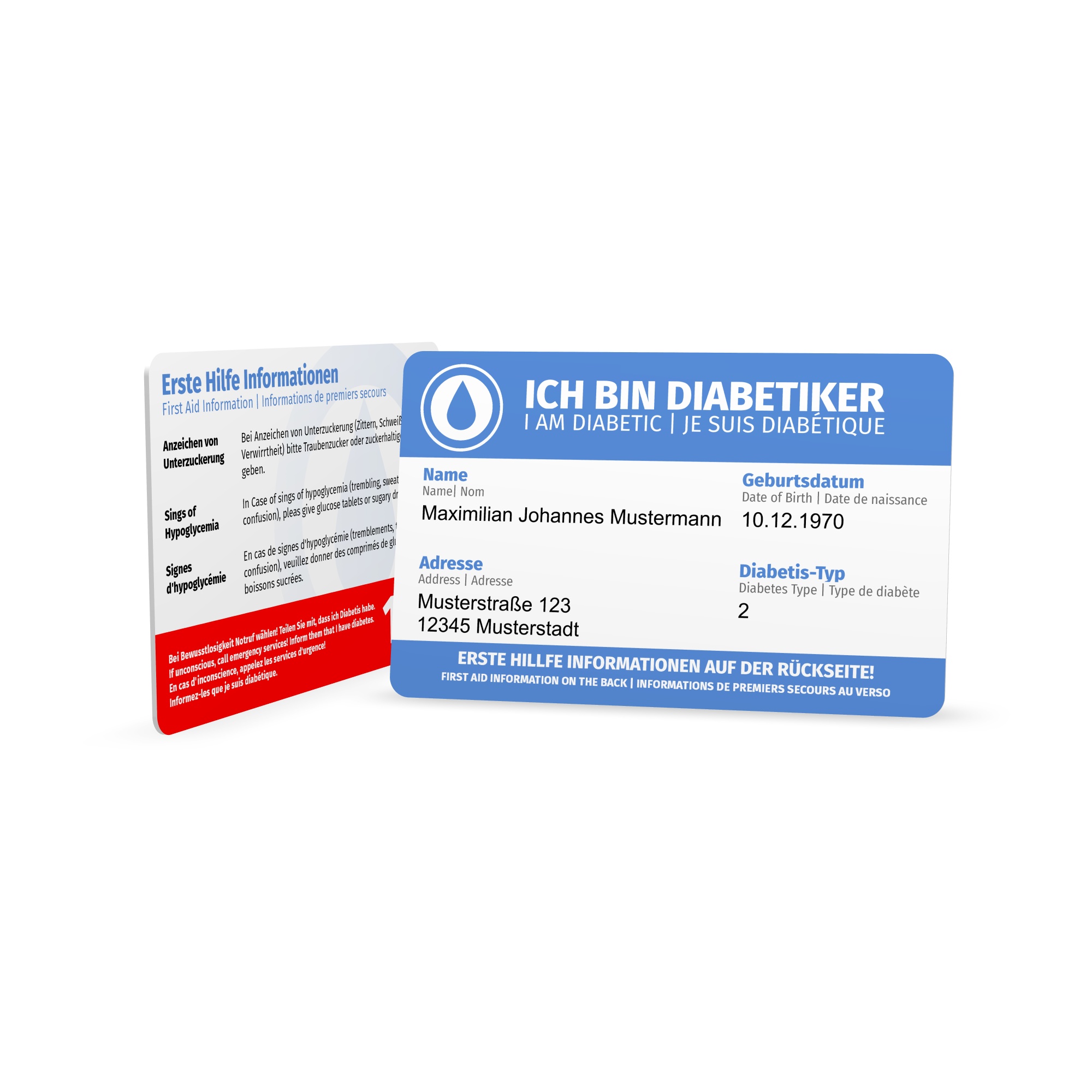 Diabetiker Karte „Ich habe Diabetes“ personalisierter Druck mit Ersthelferhinweisen (recycelte Plastikkarte)