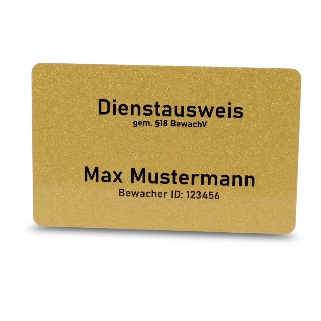 Front view of a gold metallic plastic ID card for security personnel against a white background. It features black text with 'Dienstausweis gem. §18 BewachV', the sample name 'Max Mustermann', and a guard ID.