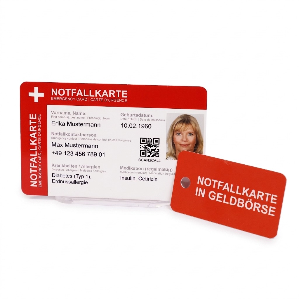 Die weiss-rote Notfallkarte im Scheckkartenformat ist mit persönlichen Angaben, Notfallkontakt, medizinischen Hinweisen und Passfoto bedruckt. Davor liegt ein kleiner roter Anhänger mit Lochung und dem weissen Aufdruck «NOTFALLKARTE IN GELDBÖRSE».
