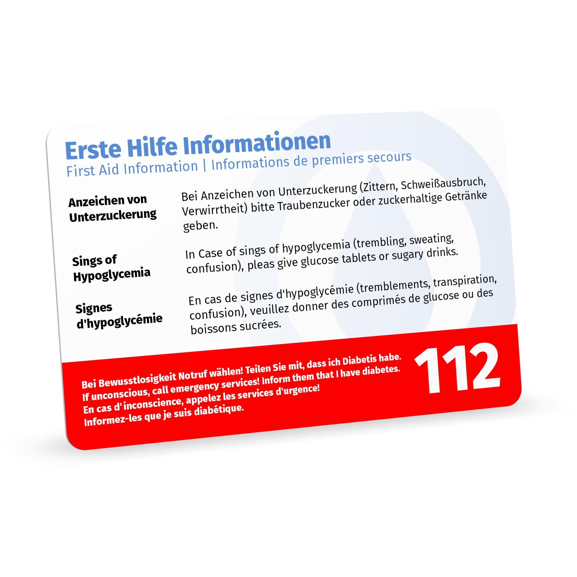 Diabetiker Karte „Ich habe Diabetes“ personalisierter Druck mit Ersthelferhinweisen (recycelte Plastikkarte)
