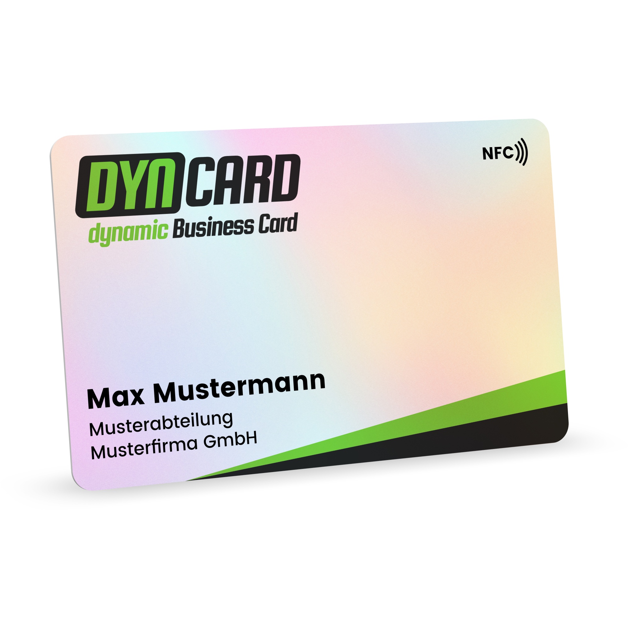 Angled view of the front of a holographic shimmering DYNCARD with logo, NFC symbol, and sample contact details on a white background. The bottom right edge features curved green and black accent stripes.