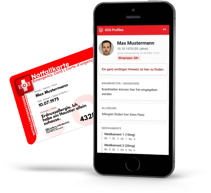 Eine rot-weisse Notfallkarte liegt schräg neben einem schwarzen Smartphone, auf dessen Bildschirm ein digitales Notfallprofil mit medizinischen Angaben und Hinweisen geöffnet ist.