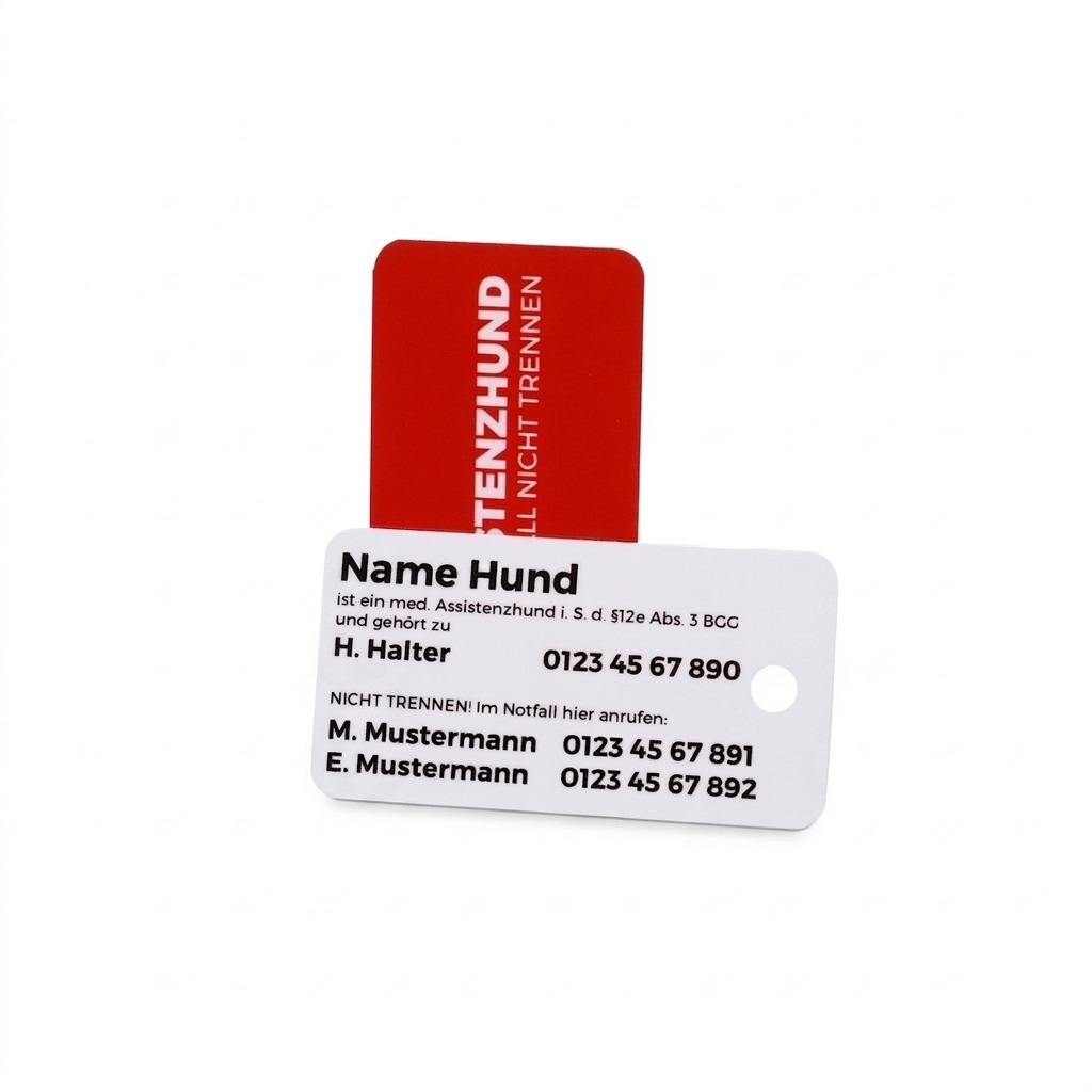 Zwei kleine Anhängerkarten vor weissem Hintergrund: Ein roter Anhänger im Hintergrund und davor ein weisser Anhänger mit Musterangaben zu Hund, Halter, Notfallkontakten und gesetzlichem Hinweis.