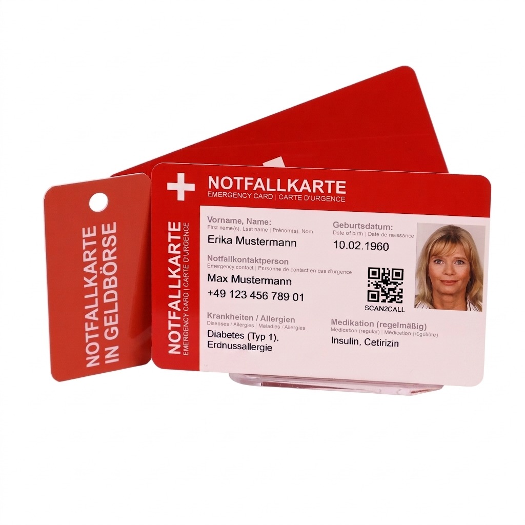 Die Vorderseite der Notfallkarte zeigt beispielhafte Personendaten, medizinische Hinweise, einen QR-Code und ein Passfoto. Daneben steht ein kleiner roter Anhänger mit der Aufschrift «NOTFALLKARTE IN GELDBÖRSE».
