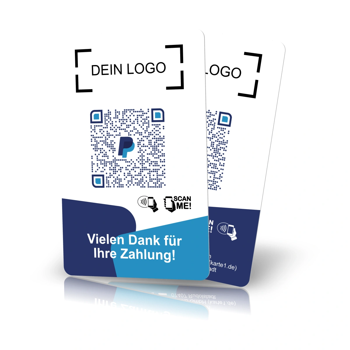 Zwei weisse Zahlungskarten im Hochformat mit PayPal-QR-Code, NFC-Symbolen, einem Platzhalter für ein Logo und dem Text «Vielen Dank für Ihre Zahlung!» auf blauem Grund.