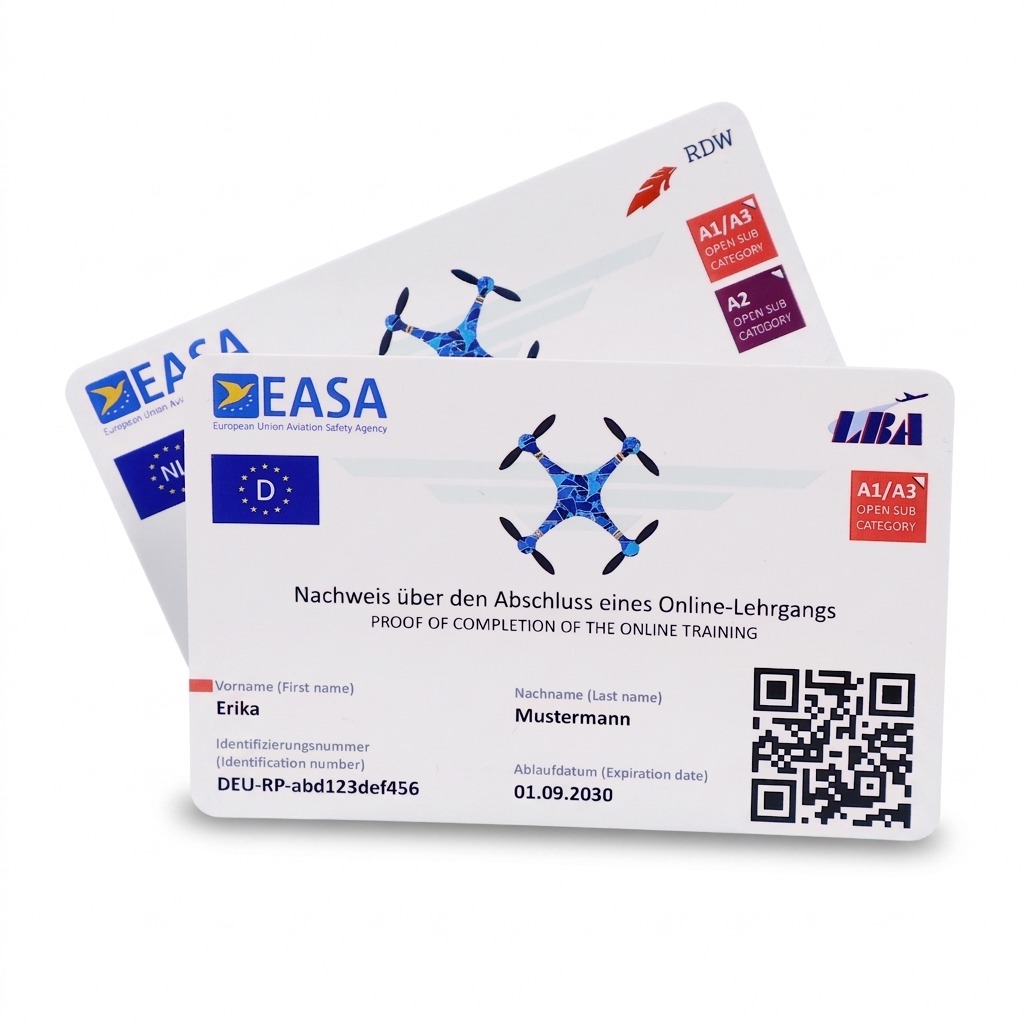 Two white EU drone licence plastic cards shown on a white background, featuring the German LBA layout with sample data in front and the Dutch RDW version behind.