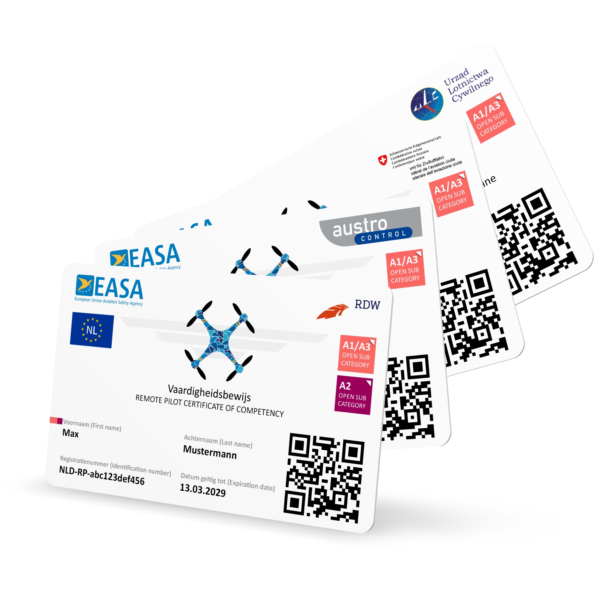 Fächerdarstellung verschiedener europäischer EU-Drohnenführerschein-Karten im ISO 7810 (ID-1) Format auf weißem Untergrund, unter anderem mit Flaggen, Kennzeichnungen und Behörden-Logos für die Niederlande (RDW), Österreich (Austro Control), Schweiz (BAZ…