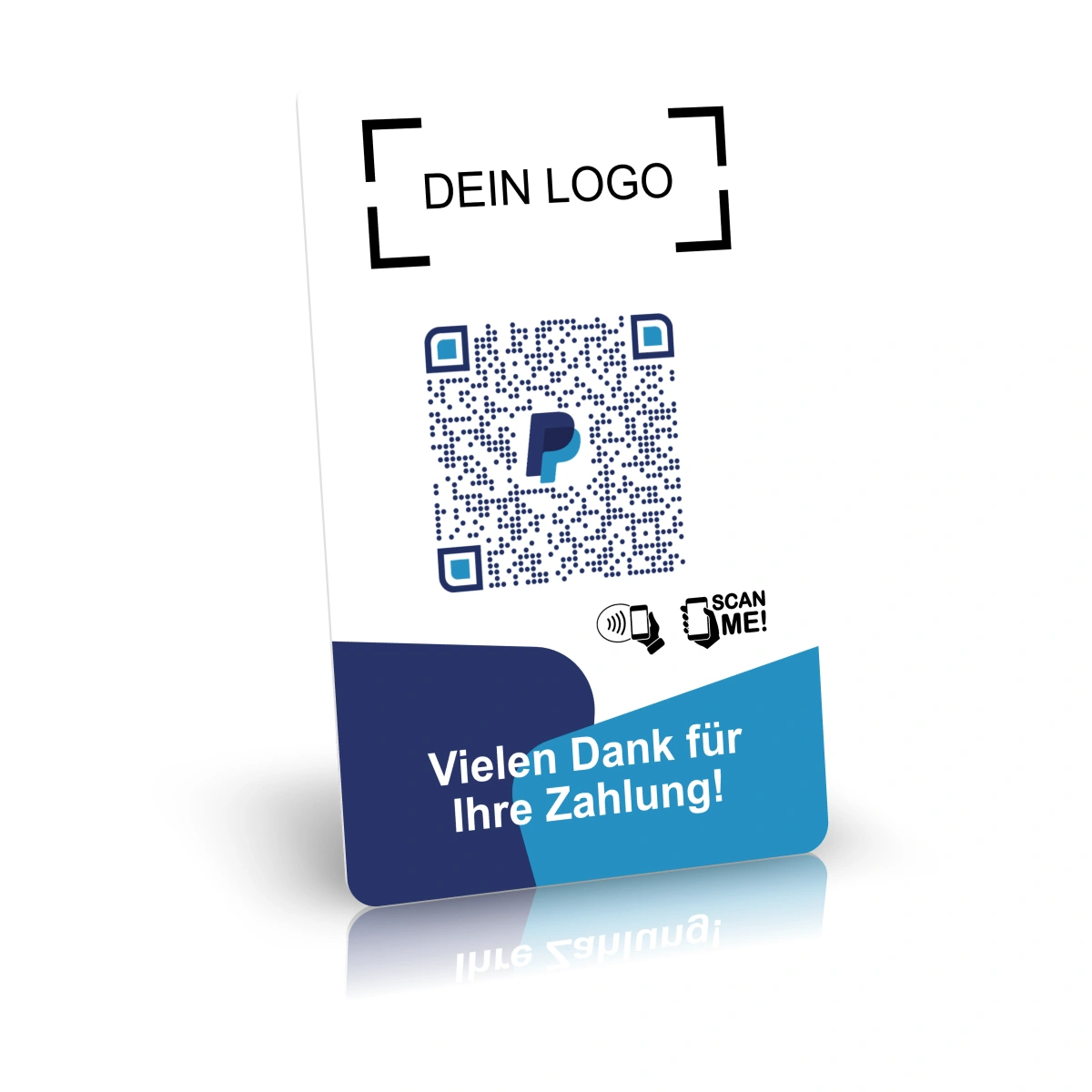 Eine aufrecht stehende weisse Karte in 3D-Ansicht mit einem PayPal-QR-Code in der Mitte, einem Platzhalter für ein Logo oben und dem Text «Vielen Dank für Ihre Zahlung!» auf blauem Grund unten.