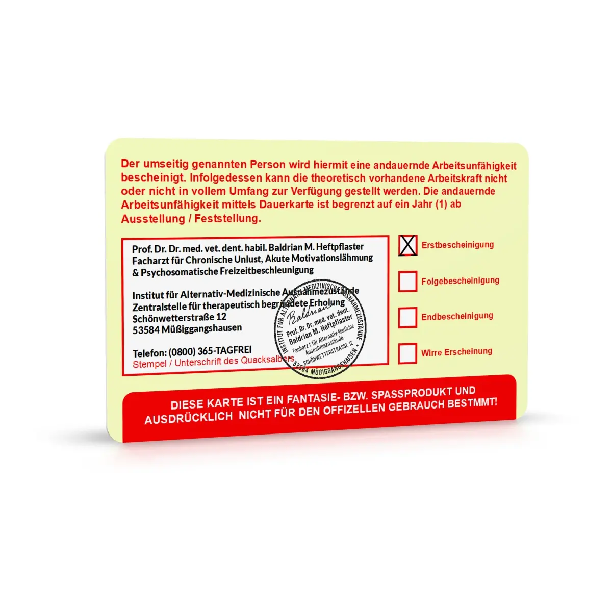 Permanent Sick Note Card – Officially Unofficial Medical Excuse