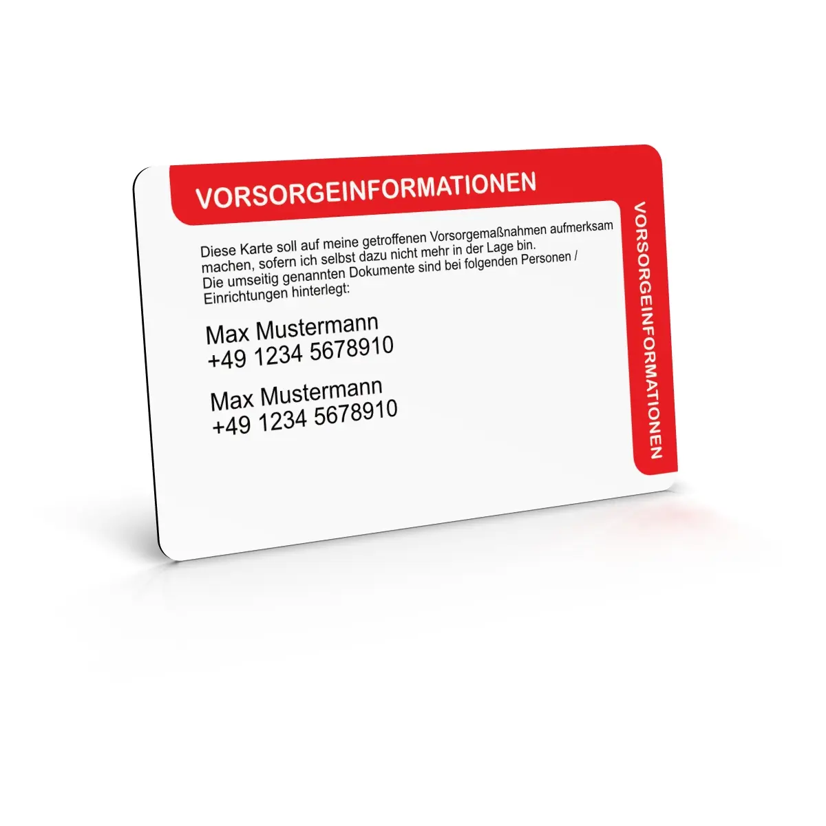Die weisse Kunststoffkarte mit rotem Rahmenkopf und Seitenstreifen zeigt den Aufdruck Vorsorgeinformationen sowie Hinweistext und zwei Beispiel-Kontakteinträge mit Name und Telefonnummer. Sie steht leicht schräg auf weissem Untergrund.