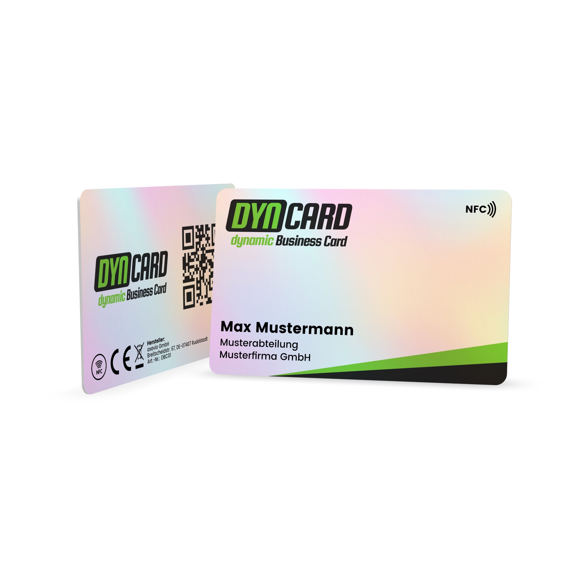 Two holographic shimmering NFC business cards standing against a white background, displaying the front and back sides. Visible elements include the DYNCARD logo, a QR code, the NFC symbol, and sample contact details for Max Mustermann.