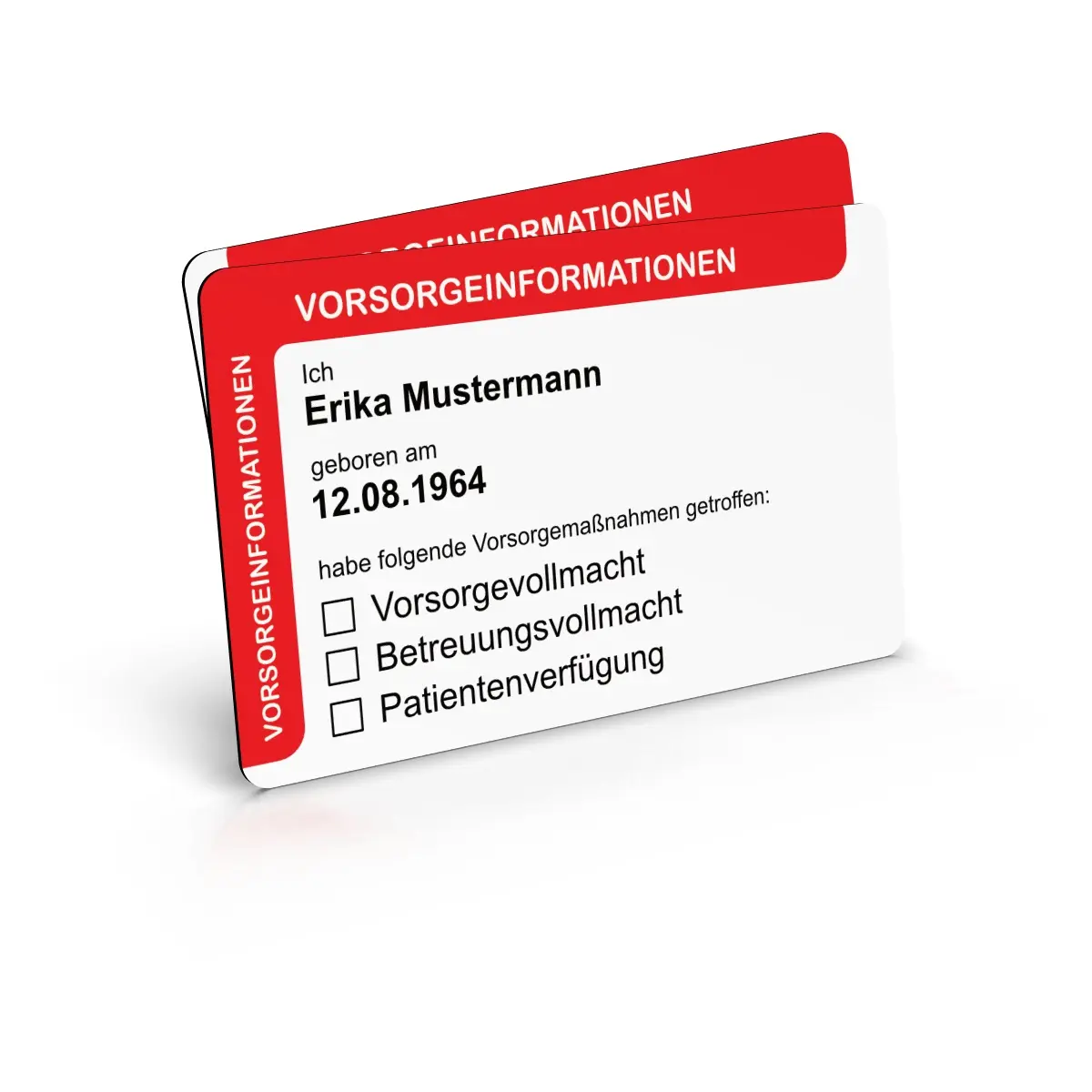 Zwei rot-weisse Hinweiskarten im Scheckkartenformat für Vorsorgeinformationen auf weissem Hintergrund. Die vordere Karte zeigt Beispielfelder für Name, Geburtsdatum und Checkboxen für Vorsorgevollmacht, Betreuungsvollmacht sowie Patientenverfügung.