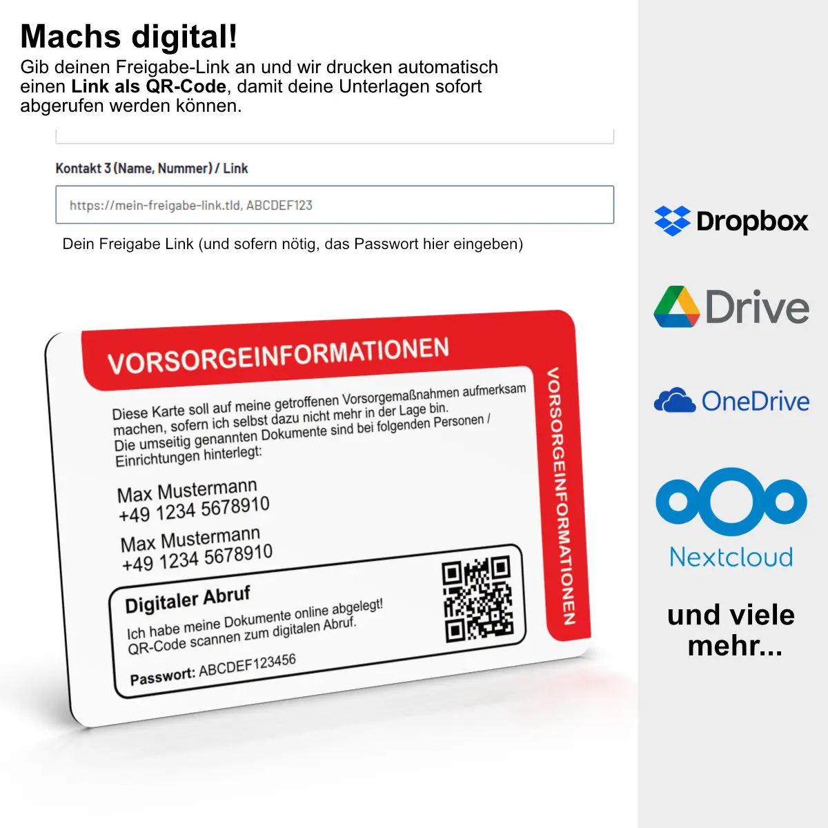 Eine Grafik veranschaulicht die Option für den digitalen Dokumentenabruf: Die weiss-rote Vorsorgekarte zeigt beispielhafte Kontaktdaten und einen QR-Code mit Passwortfeld, darüber ist das entsprechende Web-Eingabeformular für Freigabe-Links zu sehen. Rec…