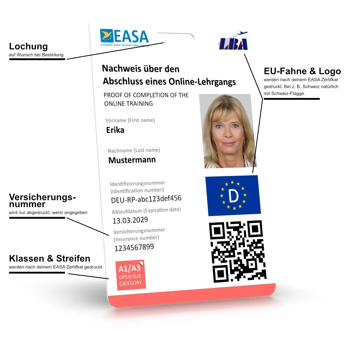 EU Drohnenführerschein (A1/A3, A2, STS) als Plastikkarte (hochkant) mit Passbild Weiß