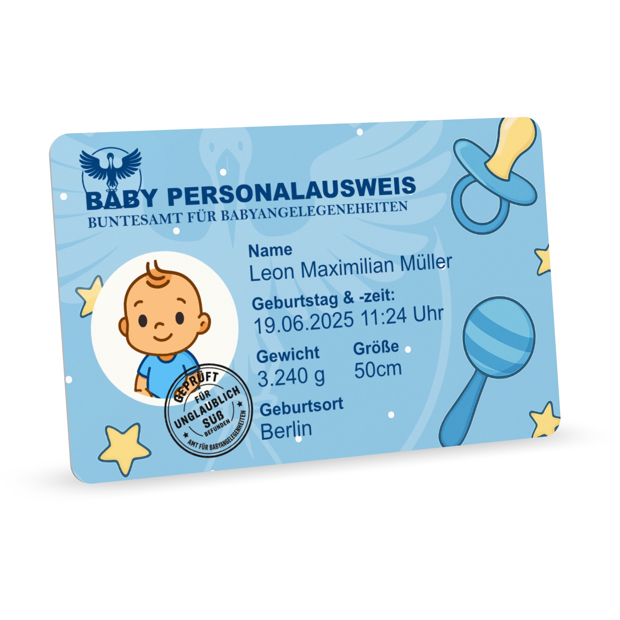 Vorderseite des hellblauen Baby-Personalausweises mit Geburtsdaten und Stempel.