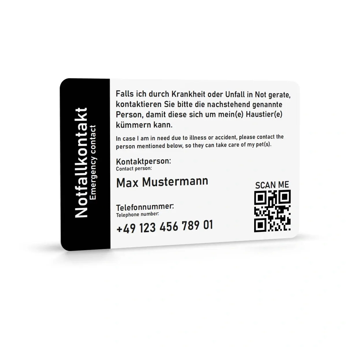 Rückseite der Notfallkarte mit zweisprachigem Hinweistext für den Ernstfall, Beispieldaten für Kontaktperson und Telefonnummer sowie einem QR-Code zum Scannen. Links befindet sich ein schwarzer Streifen mit dem weissen Aufdruck Notfallkontakt.