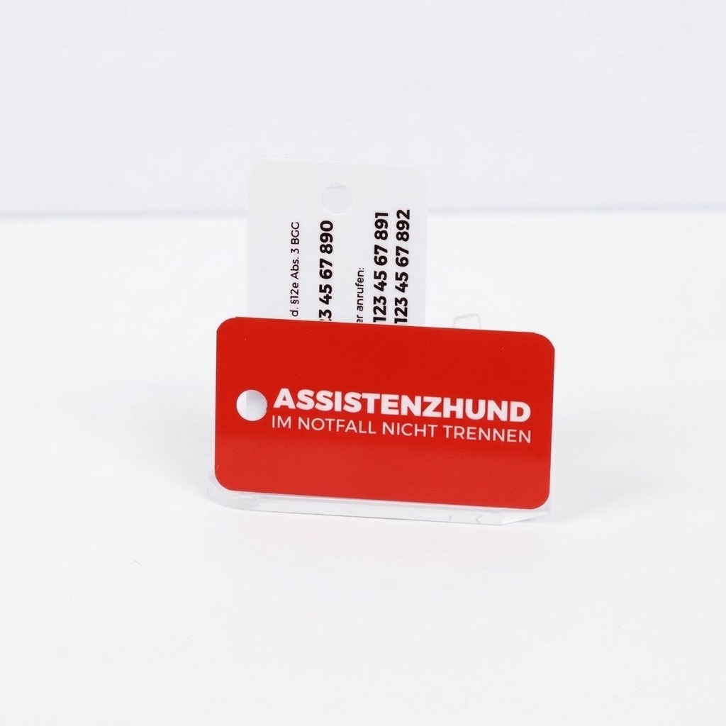 Ein roter rechteckiger Anhänger mit Lochung und weisser Aufschrift «ASSISTENZHUND IM NOTFALL NICHT TRENNEN». Dahinter steht in einer transparenten Halterung ein weisser Anhänger mit schwarzen Kontaktdaten und rechtlichem Hinweis.