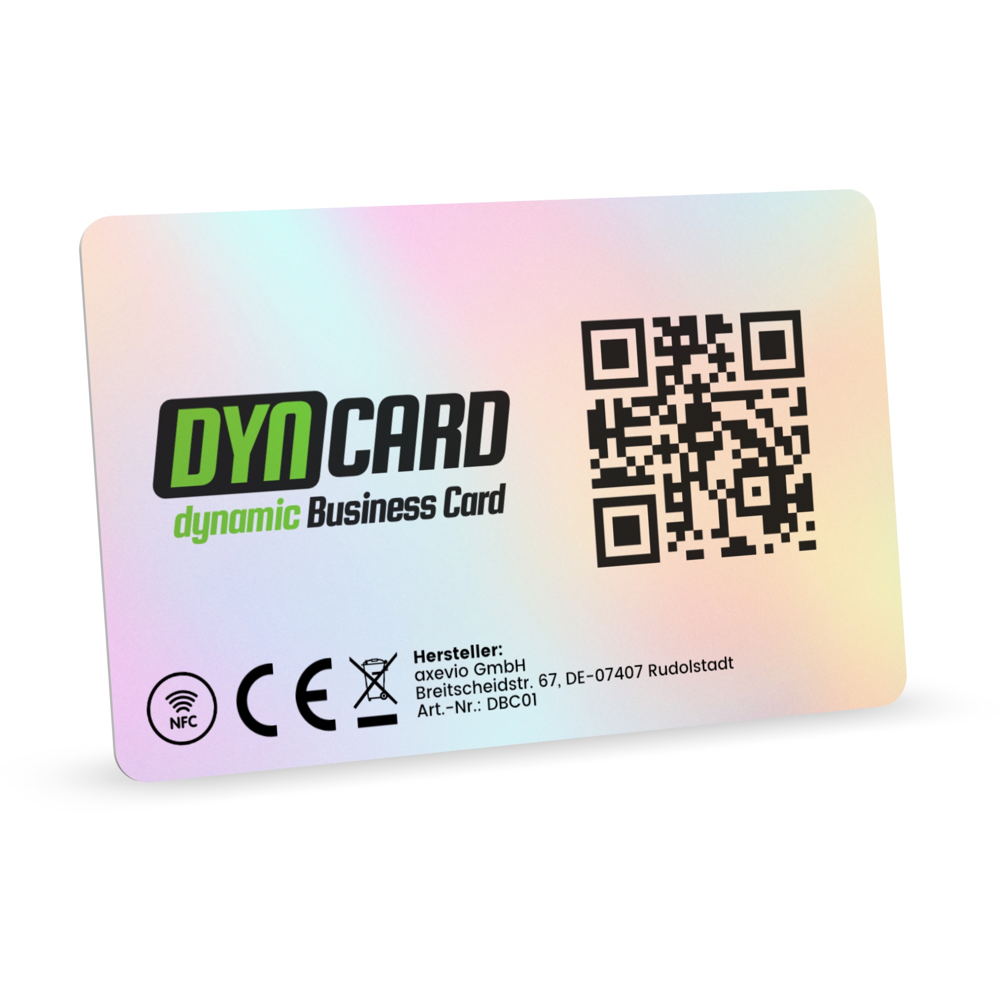 Back view of the iridescent holographic DYNCARD business card on a white background. The card displays the DYNCARD logo, a QR code, the NFC symbol, and manufacturer details.