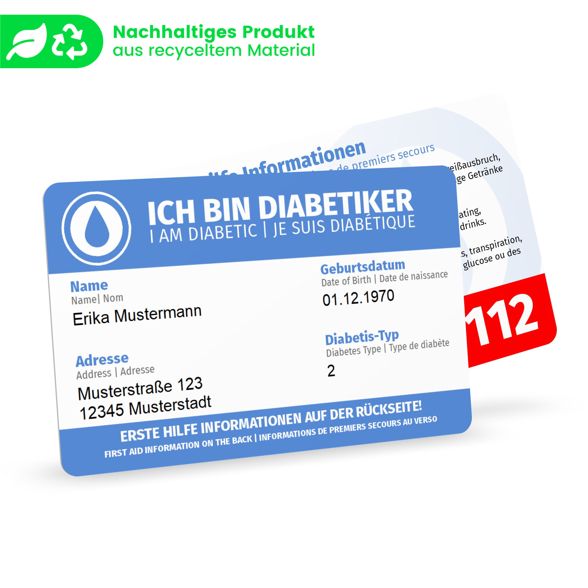 Diabetiker Karte „Ich habe Diabetes“ personalisierter Druck mit Ersthelferhinweisen (recycelte Plastikkarte)