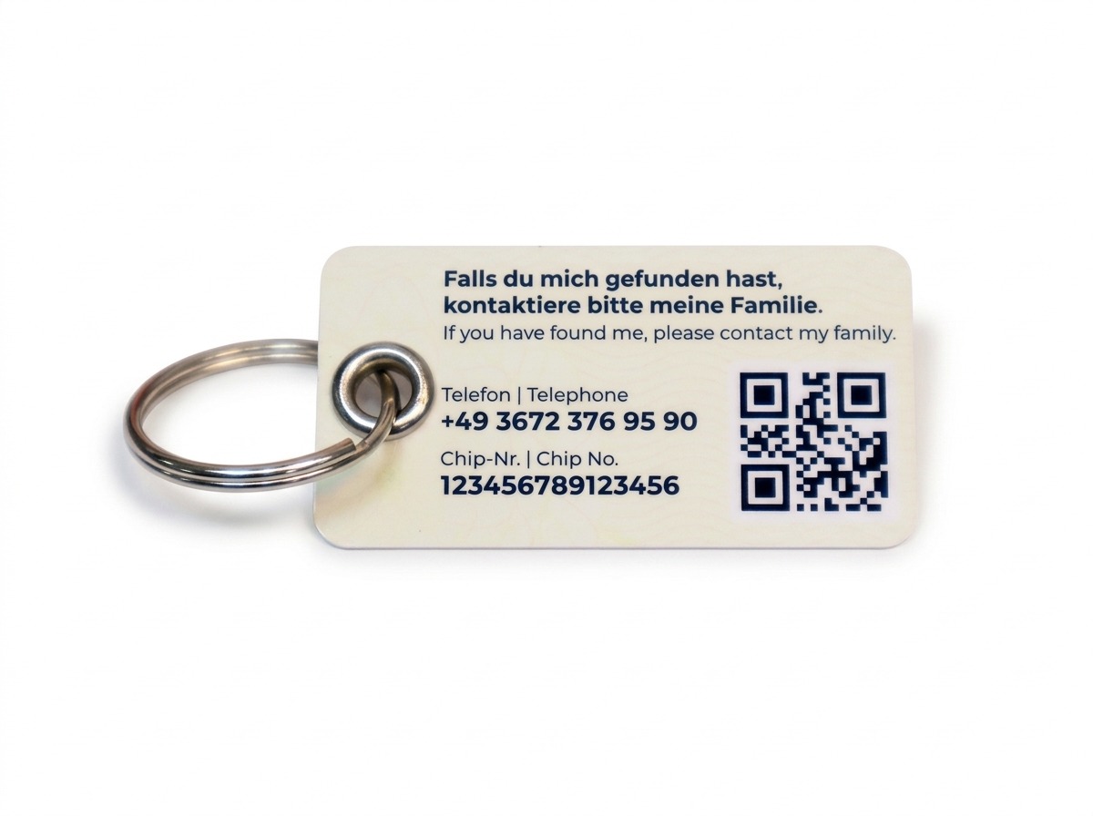 Rückansicht des cremefarbenen PfötchenPass-Ausweisanhängers mit Schlüsselring, bedruckt mit Notfallhinweis, Telefonnummer, Chip-Nummer und QR-Code vor weissem Hintergrund.