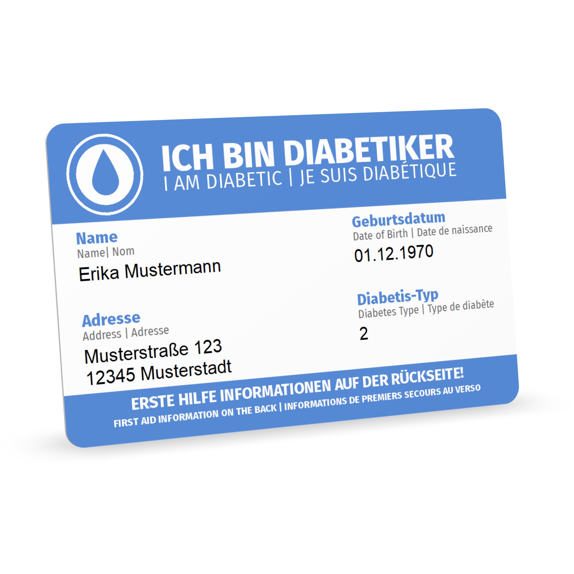 Diabetiker Karte „Ich habe Diabetes“ personalisierter Druck mit Ersthelferhinweisen (recycelte Plastikkarte)