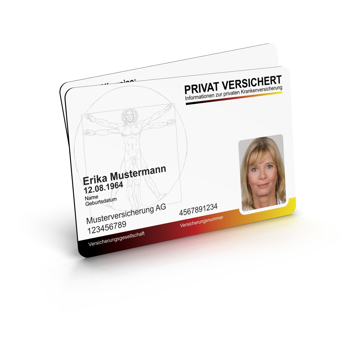 Weisse Informationskarte für Privatpatienten mit Musterfoto, Namen, Geburtsdatum, Versicherungsangaben und vitruvianischem Menschen als Hintergrundgrafik vor weissem Hintergrund.