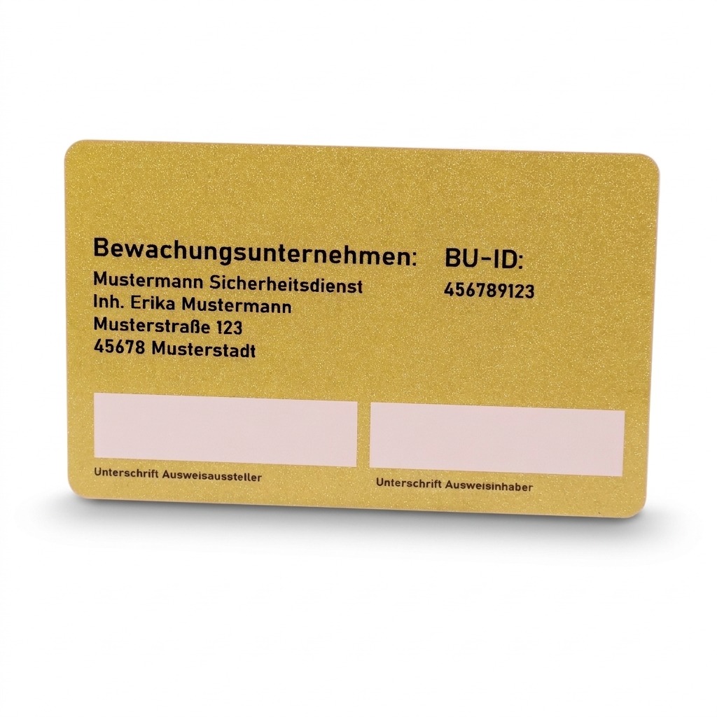 The gold metallic back of a security service ID card shown on a white background. It features black text fields for company details and the business ID, as well as two white signature fields along the bottom.