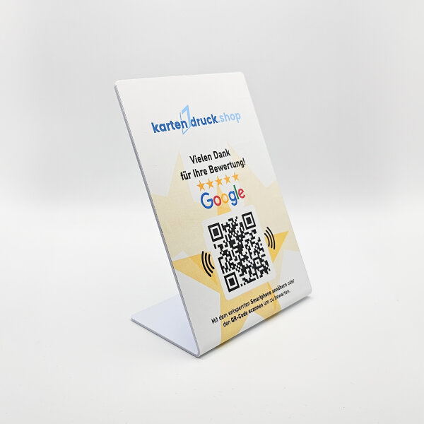 PVC-Aufsteller (DinA6, Weiß) für Bewertungen mit NFC und QR-Code - individuell bedruckt mit Logo