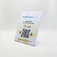 PVC-Aufsteller (DinA6, Weiß) für Bewertungen mit NFC und QR-Code - individuell bedruckt mit Logo