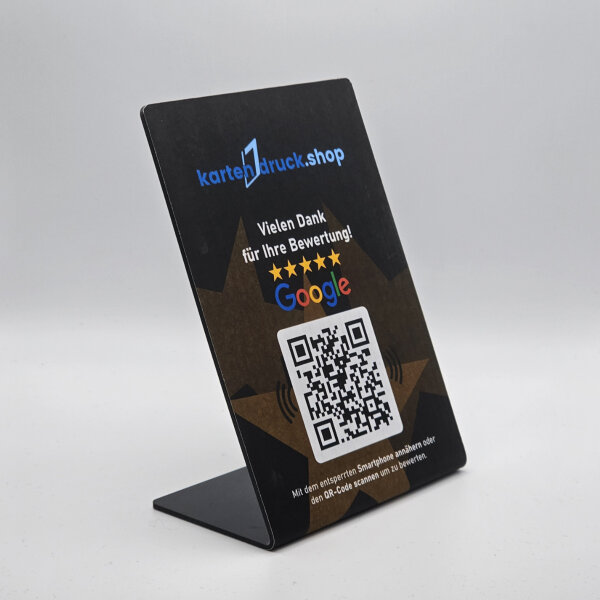 PVC-Aufsteller (DinA6, Schwarz) für Bewertungen mit NFC und QR-Code - individuell bedruckt mit Logo